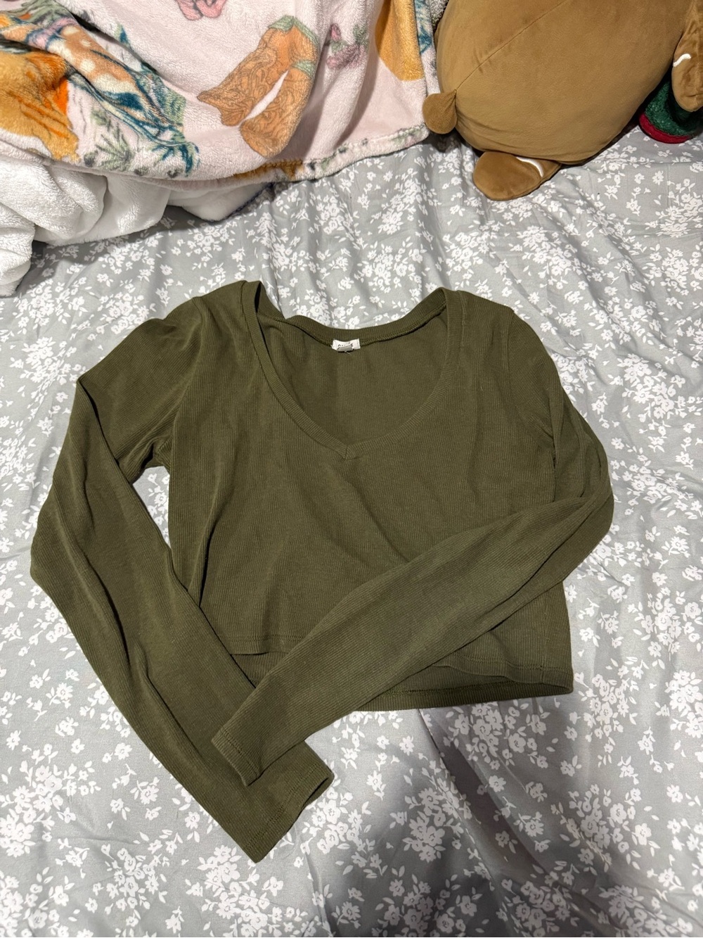 Garage Olive Green Ribbed V-Neck Cropped Top